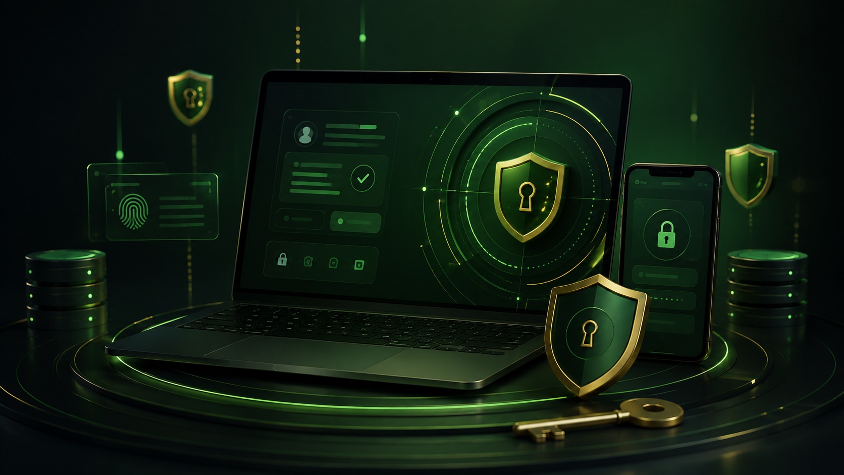 Computer e smartphone con simboli astratti di protezione dell’account